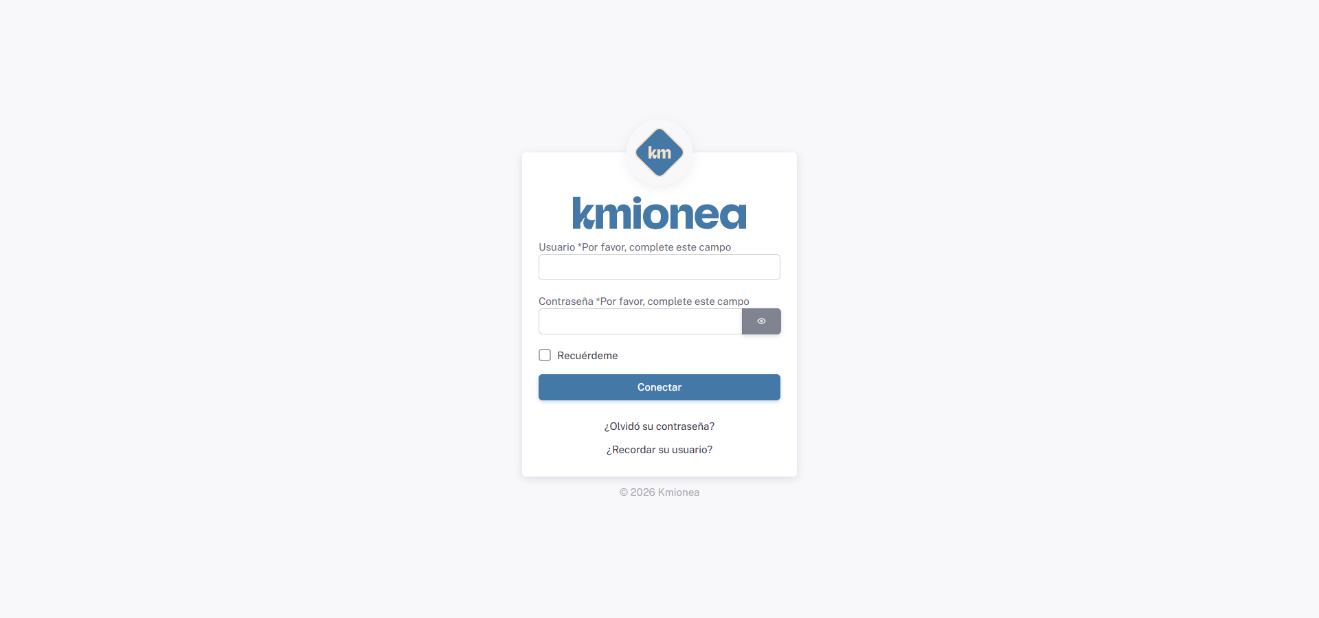 Pantalla de acceso a Kmionea