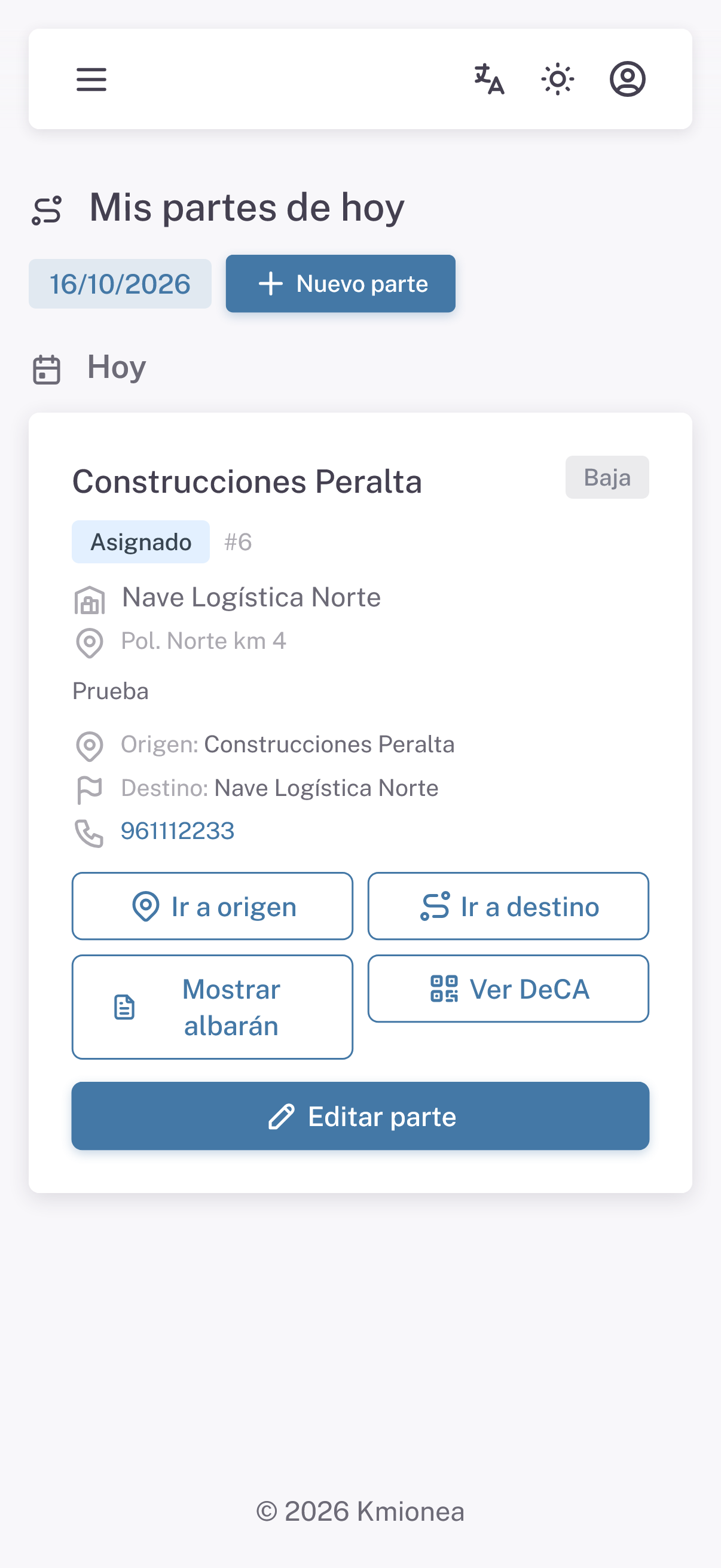 Mis partes de hoy de un Operador